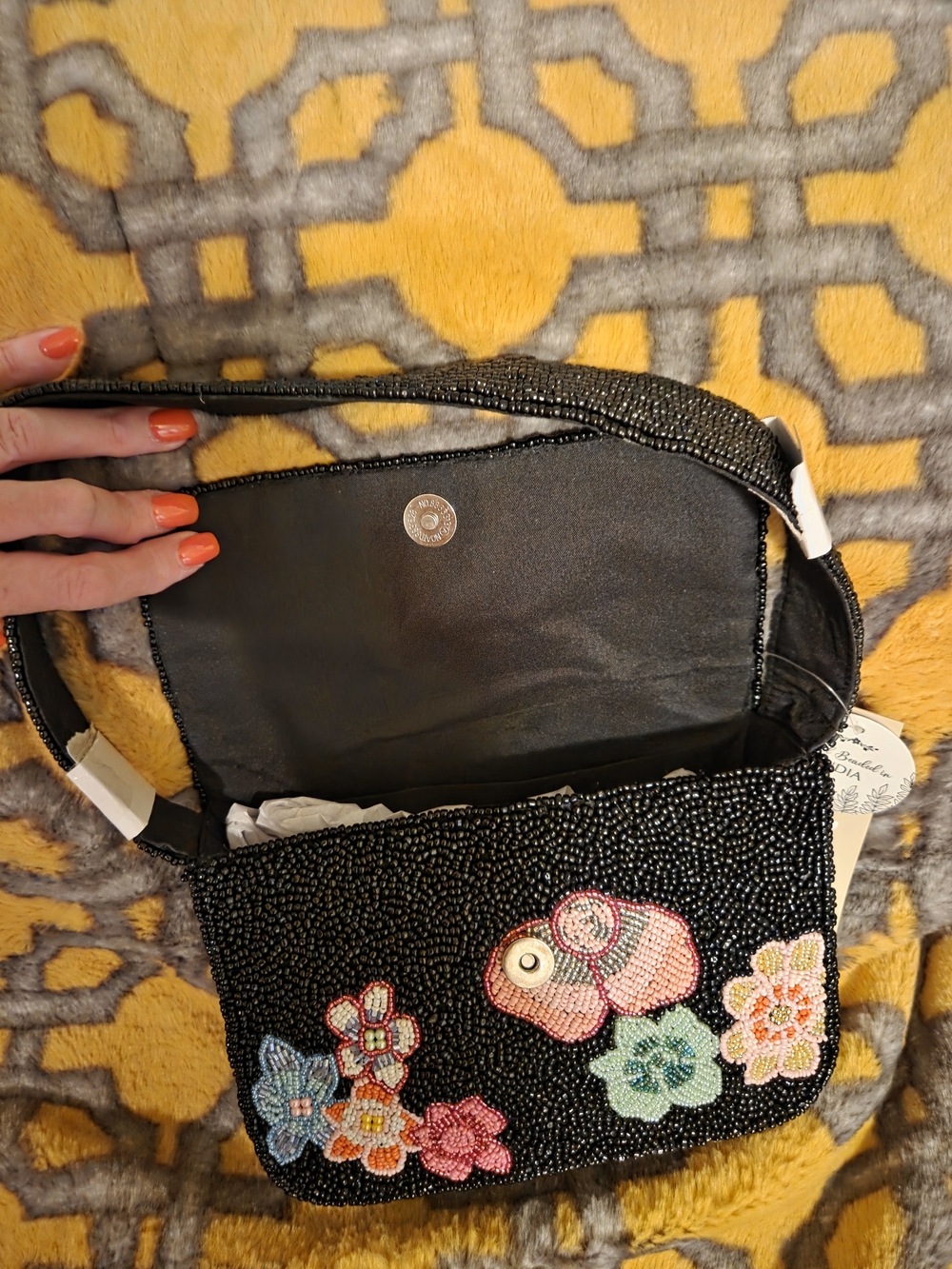 Viral Beaded Floral Crossbody Bag - Black with Multicolor Flowers - Picture 4 of 5